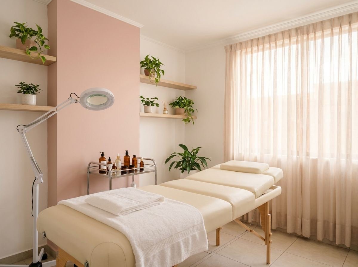 Cabina de tratamiento luminosa, con camilla, lupa y estantes con plantas