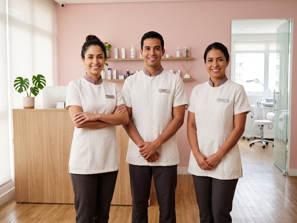 El equipo de la clínica en la recepción: dos esteticistas y un masajista, con uniforme, sonriendo