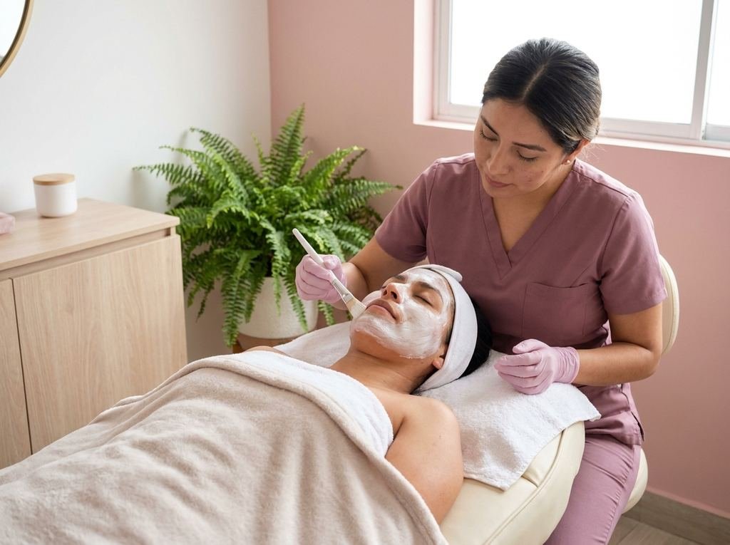 Esteticista aplicando una máscara facial a una clienta relajada