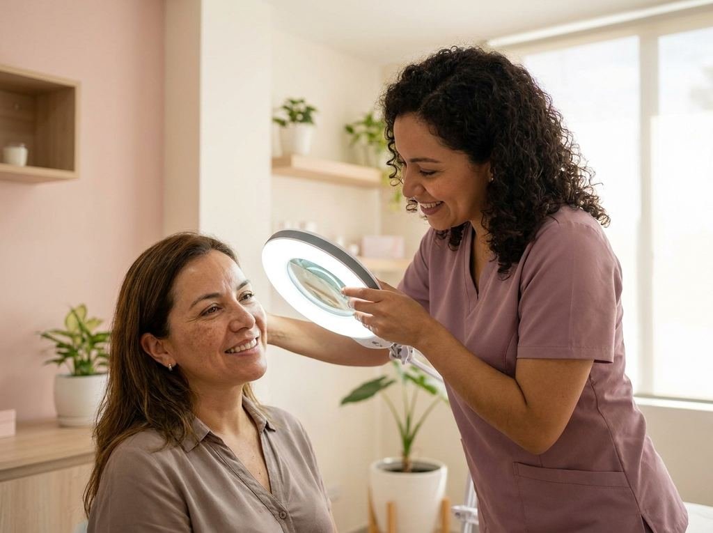 Esteticista revisando la piel de una clienta con una lupa iluminada