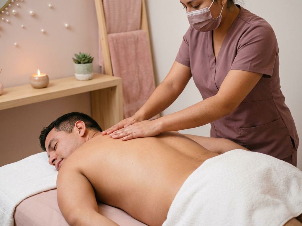 Masajista haciendo un masaje de espalda a un cliente relajado