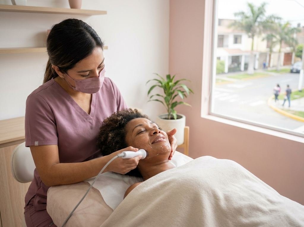 Esteticista pasando un equipo de radiofrecuencia por la mejilla de una clienta